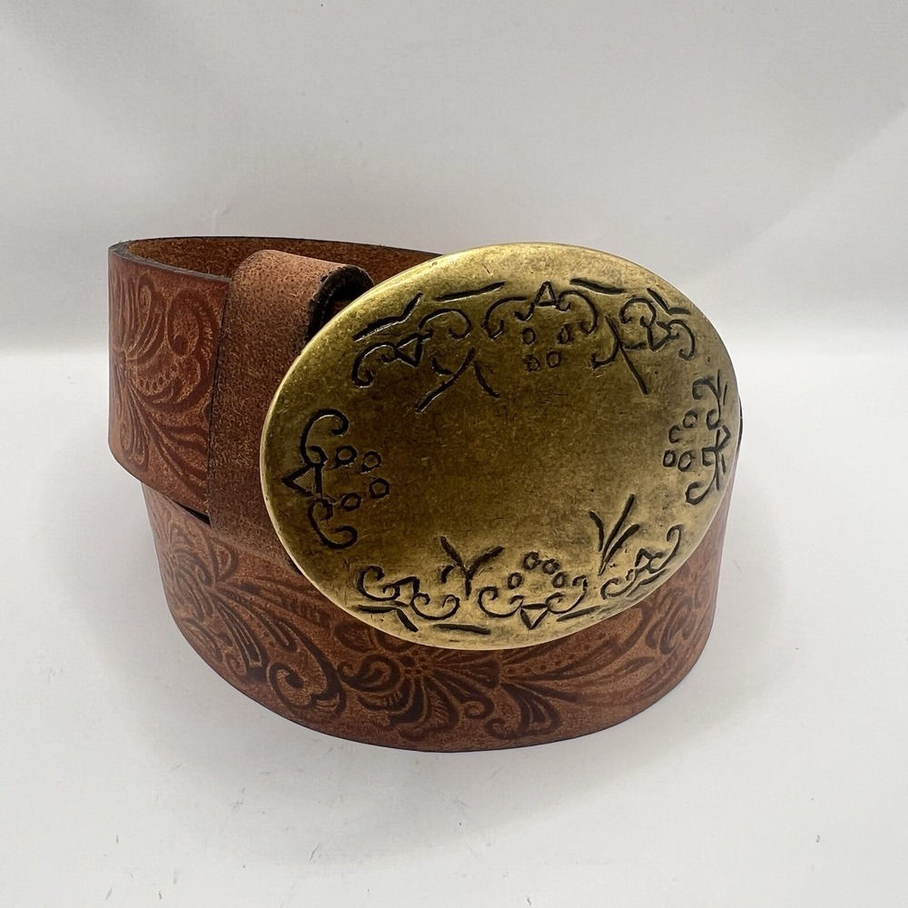 Brown Floral Scrolling Embossed Leather Belt Ornate Oval Buckle L Boho Western